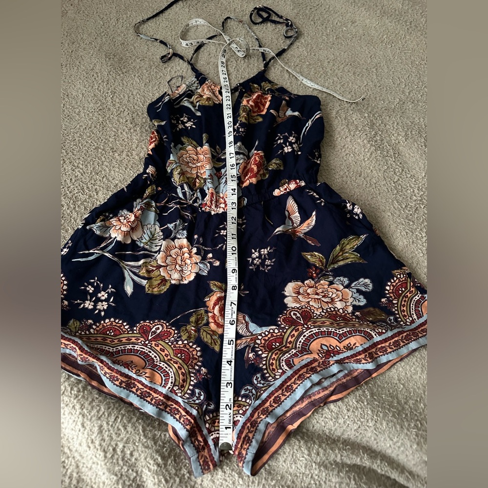 Angie Floral Boho festival Halter Romper Hummingbird Print Navy Blue rayon SZ M - Picture 4 of 8